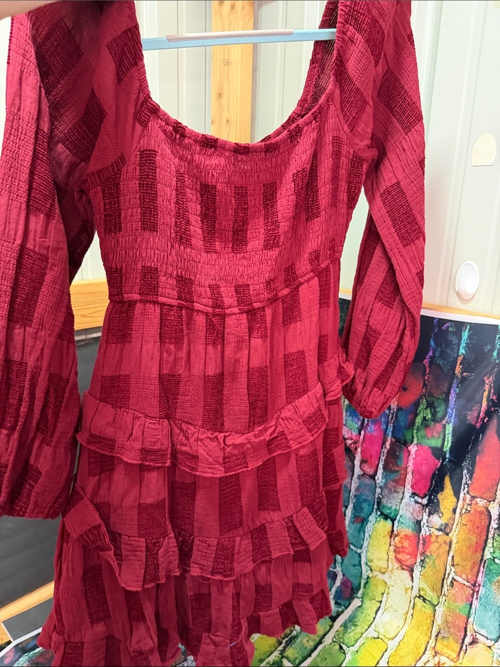 Textured Ruffled Tiered Dress in Deep Wine Red - Picture 3 of 5